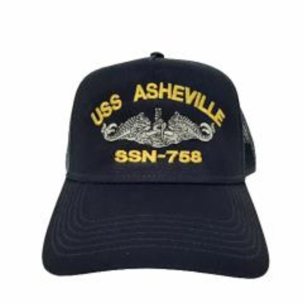 USS Asheville SSN-758 Mesh Snapback Cap Hat Navy Blue Boat Submarine Embroidered